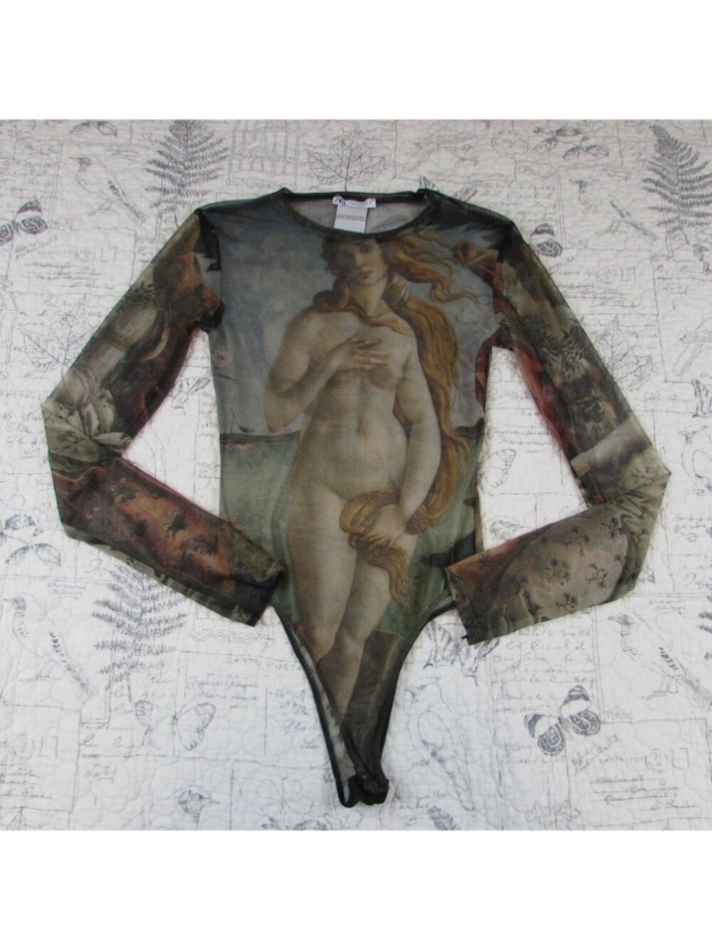 Mesh Tattoo Top Birth of Venus Long Slv Shirt Y2K Goddess Bodysuit Gothcore M - Picture 4 of 7